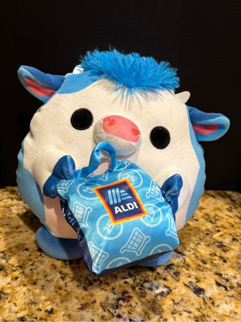 Aldi: Snackles 8” Stella the blue cow with Aldi shopping bag: stuffed plush toy